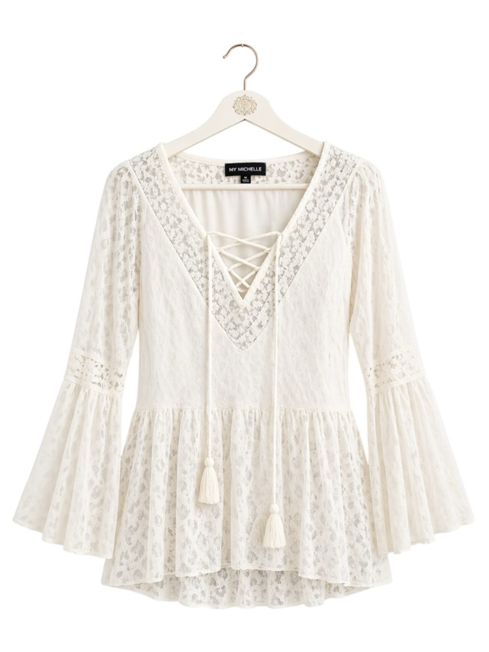 Womens Fairy Lace Top Medium Angelcore Festival Ren Faire Tassel Bell‎ Sleeves